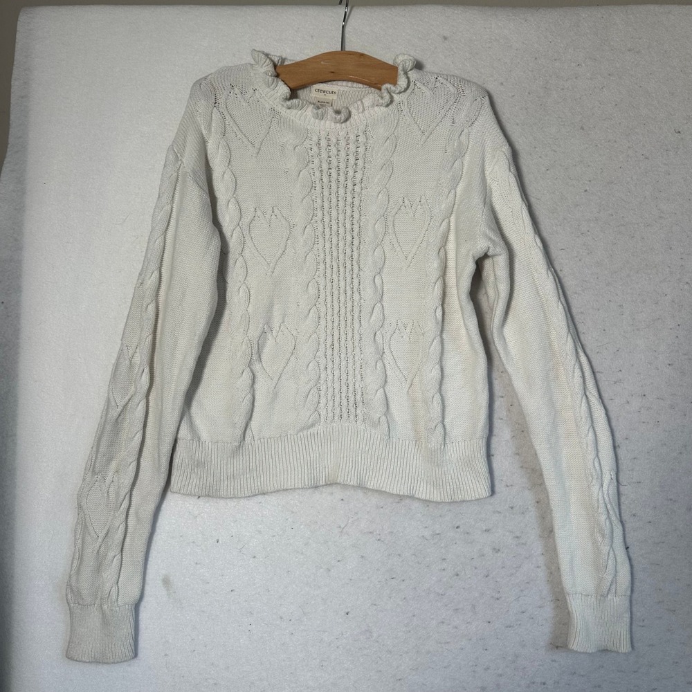 Crewcuts J.Crew Girls XL 12-14 White Cable Knit Heart Ruffle Neck Cotton Sweater